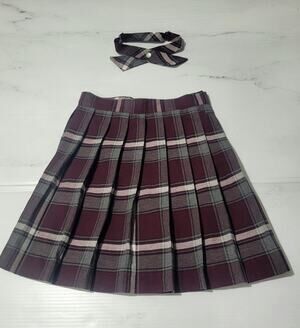 NWOT French Toast Girls Pleated Plaid School Uniform Skirt with Tie Burgundy...